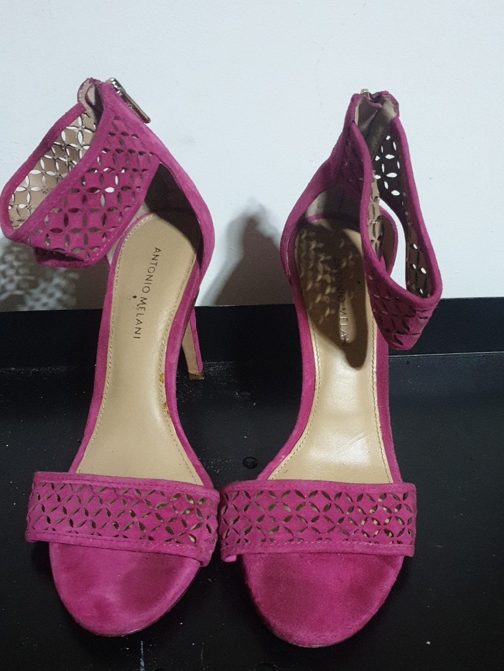 ANTONIO MELANI Fuchsia Suede Laser-Cut Ankle-Strap Heels
